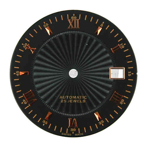d=30.0 mm, Dial ETA 2824.2, black decor, patch roségold plated figures, Date on 3