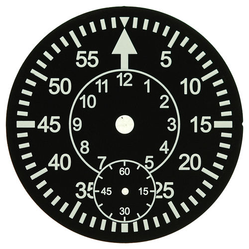 D=36,5 mm Zifferblatt ETA 6498, schwarz matt, arabische Leuchtzahlen, Sekunde bei 6
