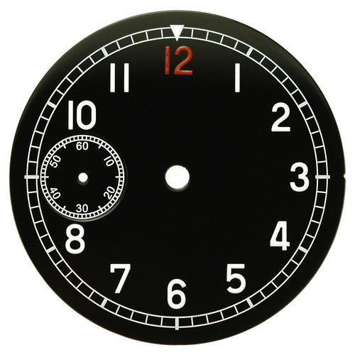 D=36,5 mm Zifferblatt ETA 6497, schwarz glänzend, arabische Zahlen, Sekunde bei 9